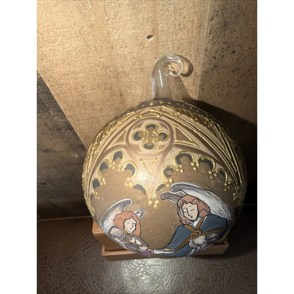 Vtg Hand Painted Inside Glass Christmas Ornament Angels Gold Trim Blown 3